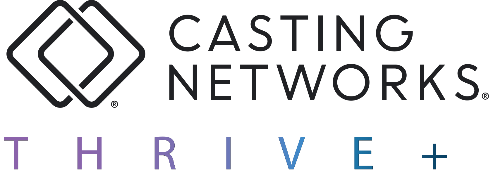 Casting Networks logo and interlocking diamond symbol in black. The text “Thrive plus” in colors ranging across the purple and blue spectrum.